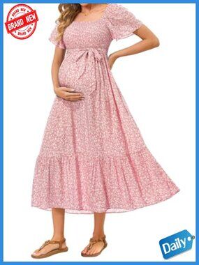 Maternity Flowy Smocked Midi Dress Square Neck Flutter Sleeve Baby Shower
